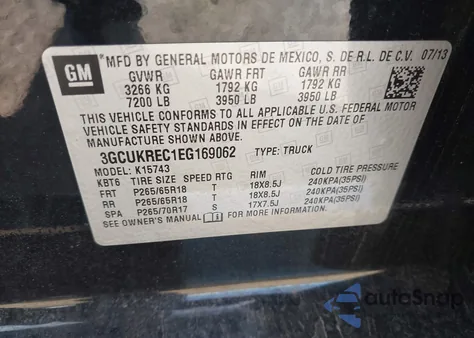 2014 Chevrolet Silverado 1500 2Lt из США, поврежденный, VIN 3GCUKREC1EG169062